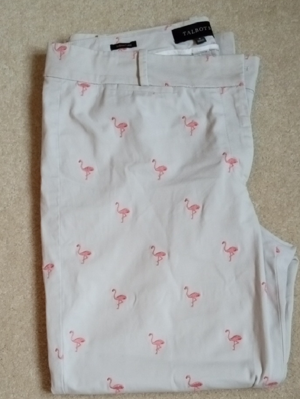 Talbots Crop Khaki Sz 8 Chinos with Pink Embroidered Flamingo Motif